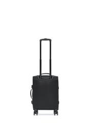 Small suitcase on wheels WALNY-0043-99-19(W25) in black with logo - view with extended handle on white background.