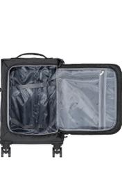 Small suitcase on wheels WALNY-0043-99-19(W25) in black with logo - front view of the open suitcase on a white background.