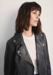 Dark brown women's leather jacket KURDS-0563-2729(Z25), close-up of the product on the model.