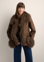 Women's brown wool fur coat FUTDW-0039-1I(Z26), front view of the product on the model. Half of the silhouette visible.