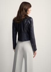 Women's black leather biker jacket KURDS-0323A-1116(KS), back view of the product on the model. Half of the silhouette visible.