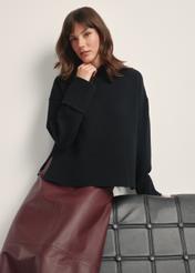 Women's black wool sweater SWEDT-0244-99(Z25), front view of the product on the model. Half of the silhouette visible.
