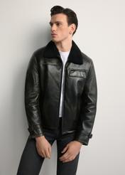 Men's leather sheepskin coat KOZMS-0023-3188(Z25), front view of the product on the model. Half of the silhouette visible.