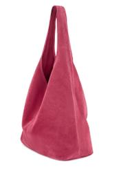 Fuchsia suede women's shopper bag TORES-1177-5E(W26), diagonal product view on white background.