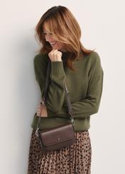 Brown leather small women's handbag TORES-1184-89(Z25), front view of the product on a model, half of the silhouette visible.
