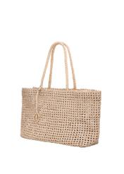 Beige leather woven handbag TORES-1300-0C(W26), diagonal product view on white background.