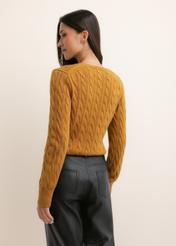 Mustard-colored women's cotton sweater SWEDT-0269-2D(Z26), back view on a model. Half-body shot.