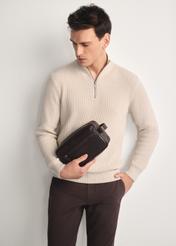 Brown men's cosmetic bag TORMS-0463-89(Z25) - front view of the product on a model against a white background. Half of the silhouette visible.