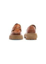 Cognac leather platform loafers BUTYD-1069-1F(W26), front and back product view on white background.