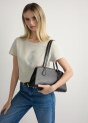 Brown TOREC-1236-1H(W26) shoulder bag, product view on model's shoulder. Half of silhouette visible.