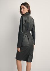 Women's black leather jacket with belt KURDS-0545-99(W26), back view of the product on the model. Half of the silhouette visible.