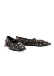 Women's black leather ballet flats with rhinestones BUTYD-1235-99(W26), diagonal product view on a white background.