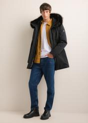Men's black winter jacket KURMT-0446-99(Z26), front view on a model. Full-body shot.