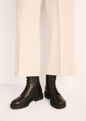 Burgundy women's croco ankle boots BUTYD-1192-90(Z25), product view on a model on a white background.