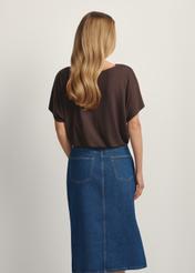 Women's brown drawstring blouse BLUDT-0170-1I(W26), back view of the product on the model. Half of the silhouette visible.