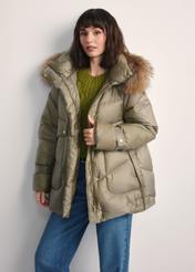 Women's olive green jacket with natural insulation KURDT-0619-57(Z25) - front product view on white background. Half silhouette visible.