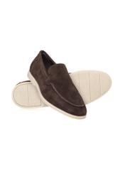 Dark brown suede men's moccasins BUTYM-0526-1I(W26), diagonal product view on white background.