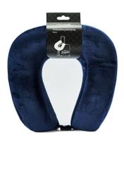 Navy blue travel pillow AW-014-0002-69(W25), product view from the front in the packaging on a white background.