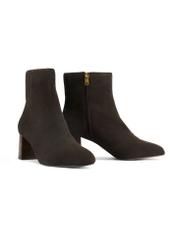 Brown suede high-heeled ankle boots BUTYD-1218-1I(Z26), diagonal product view on white background.