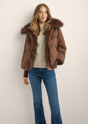 Women's brown jacket with detachable fur KURDT-0704-1H(Z26), front view of the product on the model. Full body visible.