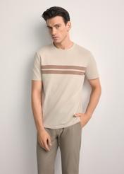 Men's beige cotton t-shirt TSHMT-0129-80(Z25) - front view of the product, on a model, against a white background. Knee-length silhouette visible.