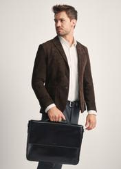 Black men's leather briefcase TORMS-0467-99(Z25), front view of the product on the model, half of the silhouette visible.