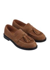 Women's suede moccasins in cognac color BUTYD-1331-1F(Z26), diagonal product view on a white background.