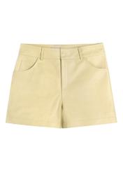 Women's leather light yellow shorts SPODS-0035-2A(W26), front product view on white background.