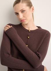Brown woolen women's cardigan KARDT-0058-1I(Z26), close-up of the product on the model's silhouette.