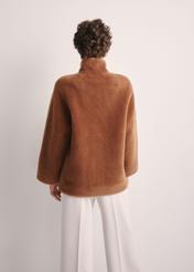 Women's woolen fur coat in camel color FUTDW-0032-24(Z25) - product view from the back on the model on a white background. Half of the silhouette visible.