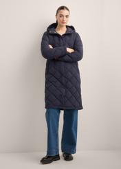 Navy blue women's quilted jacket KURDT-0667-7D(Z26), front view of the product on a model. Full body visible.