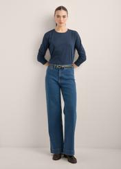 Women's wide leg jeans in dark navy blue JEADT-0019-7D(Z26), front view of the product on the model. Full body visible.
