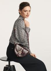 Brown leather croco-style handbag TORES-0707F-1H(W26), product view on model's shoulder. Half silhouette visible.