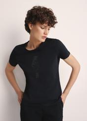 Black women's T-shirt with logo TSHDT-0148-99(Z25), front view of the product on the model. Half of the silhouette visible.