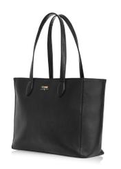 Black leather women's shopper bag TORES-0971F-99(W26) - diagonal view on white background.