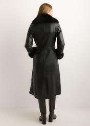Women's black leather coat KURDS-0617-99(Z26), product view from the back on the model. Full body visible.