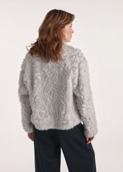 Gray women's fur coat FUTDP-0058-91(Z25), photo of the product from the back on the model, half of the silhouette visible.