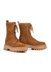 Brown leather women's ankle boots BUTYD-1004-88(Z25), diagonal product view on a white background.