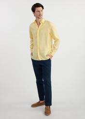 Light yellow linen men's shirt KOSMT-0321-21(W25) - front view on white background. Full silhouette visible.