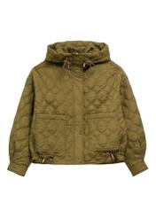 Olive green short quilted oversize jacket KURDT-0660-8D(W26) - front product view, on white background.