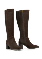 Brown suede high-heeled boots BUTYD-1100-1I(Z26), diagonal product view on white background.