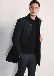 Black men's transitional jacket KURMT-0388-99(Z25), product visible from the front on the model, half of the silhouette visible.-02