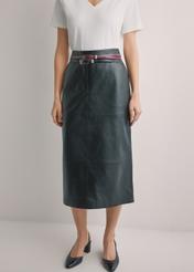Black leather midi skirt SPCDS-0076-99(W26), front view of the product on the model. Half of the silhouette visible.