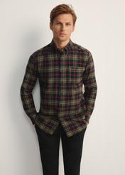 Men's khaki checkered shirt KOSMT-0344-55(Z25), front view of the product on the model, half of the silhouette visible.