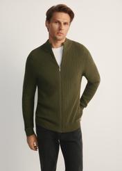 Men's khaki zippered sweater SWEMT-0176-55(Z25), front product view on model. Half silhouette visible.