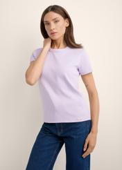 Light purple women's cotton T-shirt TSHDT-0144-6A(Z26), front view of the product on the model. Half of the silhouette visible.
