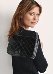 Black patent leather women's messenger bag TOREC-0205F-97(Z25), close-up of the product detail on the model's silhouette.