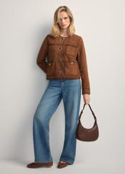 Brown small hobo bag TOREC-1136-1H(W26), front view of the product in the model's hand.