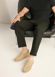 Beige suede men's shoes BUTYM-0564-1K(Z26) - side view of the product, on the model's feet, on a light background.