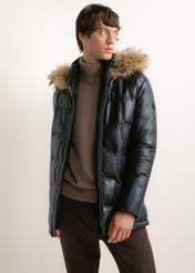 Men's black insulated leather jacket (model KURMS-0348-99(Z26)); front view on a model, showing half of the figure.
